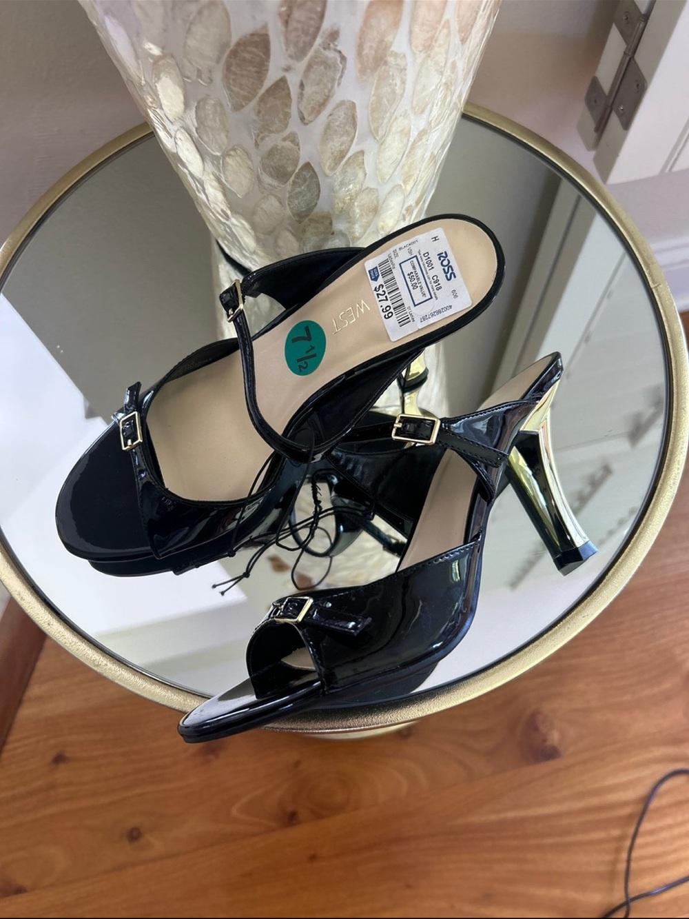 Nine West Black Patent Heel Sandals with Gold Accent